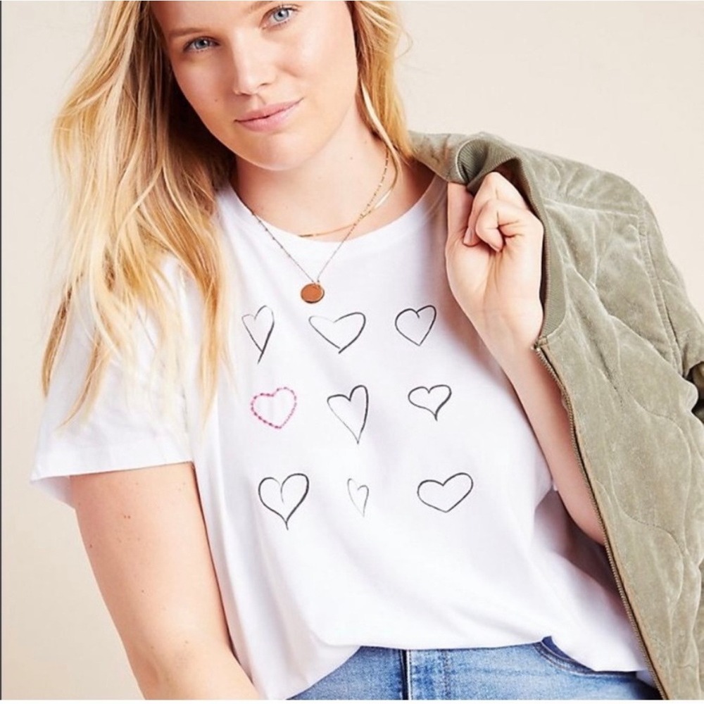 Anthropologie Kera Till Heart Embroidered Short Sleeve Oversized Tee White M